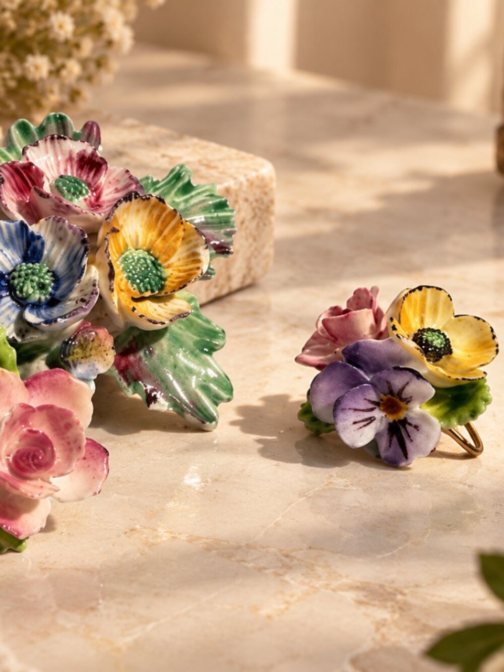 Vintage Bone China Floral Brooch Pin & Screw Back Earrings Set